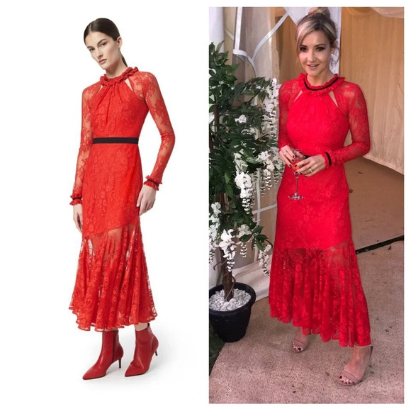 Three Floor Dress Red Lace Midi Dress Avant Gard Romantic Fall Wedding Sz 4 - Picture 1 of 6